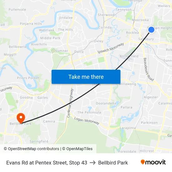 Evans Rd at Pentex Street, Stop 43 to Bellbird Park map
