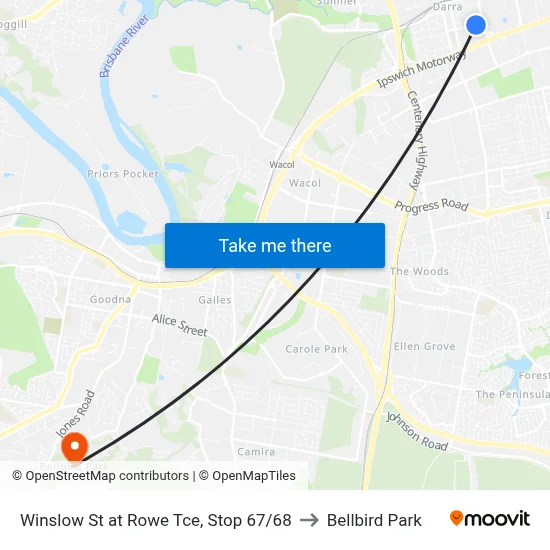 Winslow St at Rowe Tce, Stop 67/68 to Bellbird Park map