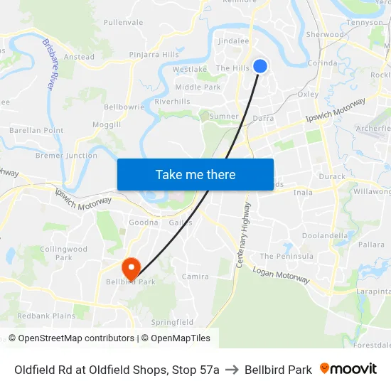 Oldfield Rd at Oldfield Shops, Stop 57a to Bellbird Park map