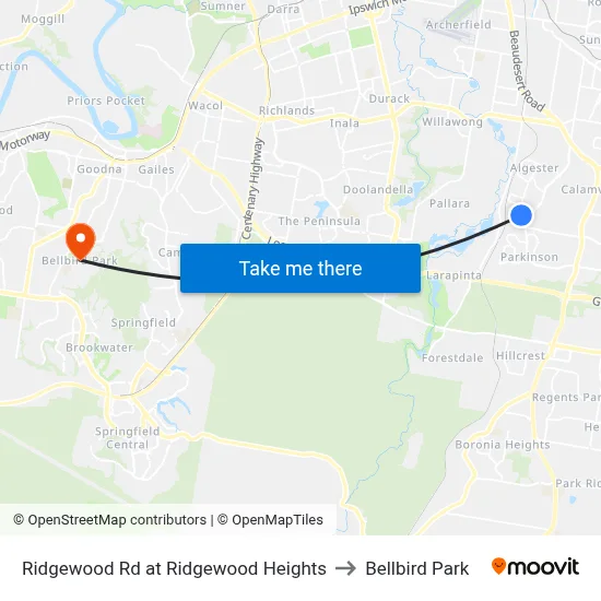 Ridgewood Rd at Ridgewood Heights to Bellbird Park map