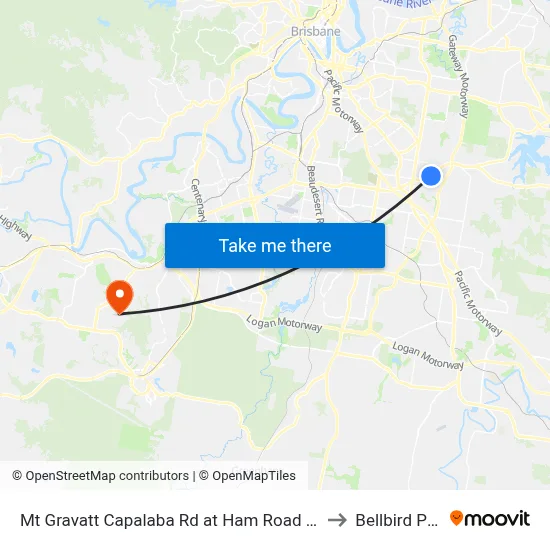 Mt Gravatt Capalaba Rd at Ham Road South to Bellbird Park map