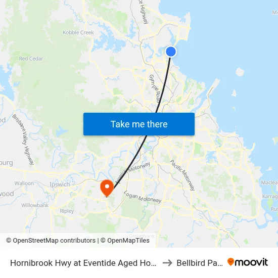 Hornibrook Hwy at Eventide Aged Home to Bellbird Park map