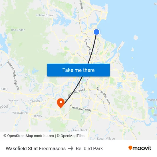 Wakefield St at Freemasons to Bellbird Park map