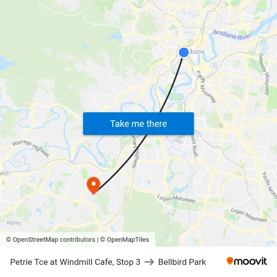 Petrie Tce at Windmill Cafe, Stop 3 to Bellbird Park map