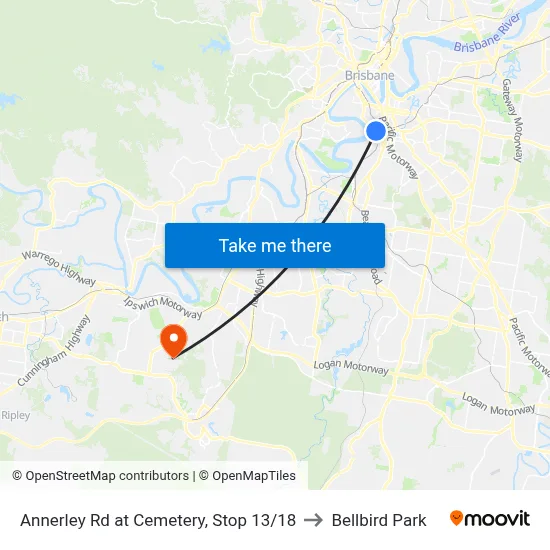 Annerley Rd at Cemetery, Stop 13/18 to Bellbird Park map
