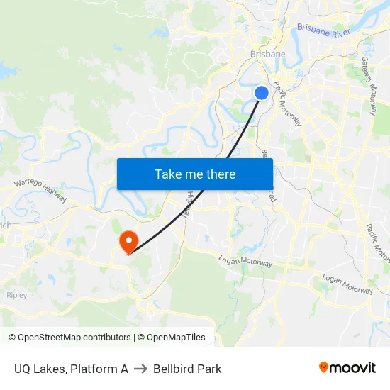 UQ Lakes, Platform A to Bellbird Park map