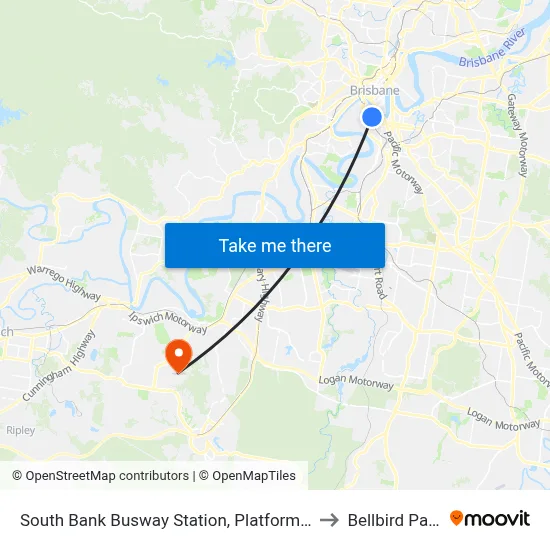 South Bank Busway Station, Platform 5 to Bellbird Park map