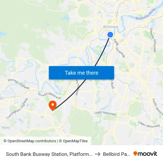 South Bank Busway Station, Platform 4 to Bellbird Park map