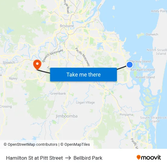 Hamilton St at Pitt Street to Bellbird Park map