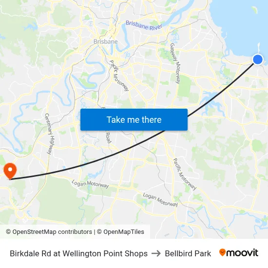 Birkdale Rd at Wellington Point Shops to Bellbird Park map