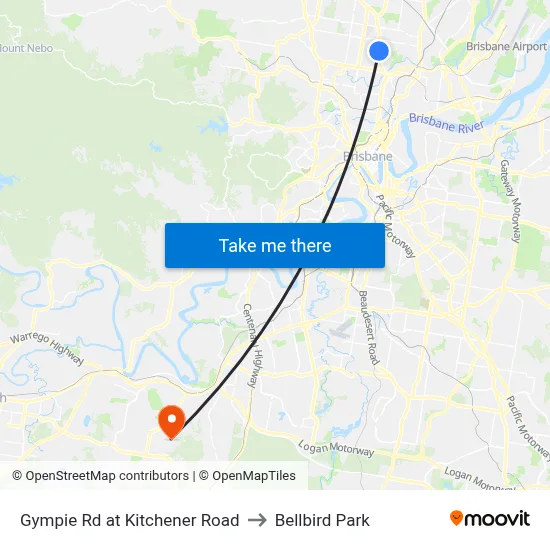 Gympie Rd at Kitchener Road to Bellbird Park map