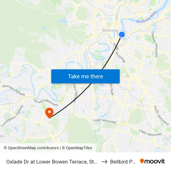 Oxlade Dr at Lower Bowen Terrace, Stop 19 to Bellbird Park map
