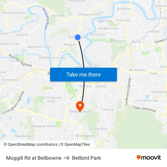 Moggill Rd at Bellbowrie to Bellbird Park map