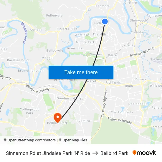 Sinnamon Rd at Jindalee Park 'N' Ride to Bellbird Park map