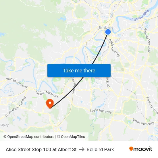 Alice Street Stop 100 at Albert St to Bellbird Park map