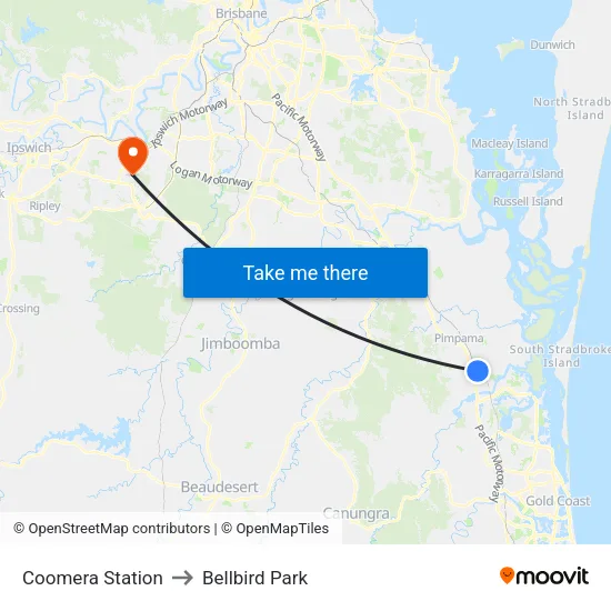 Coomera Station to Bellbird Park map
