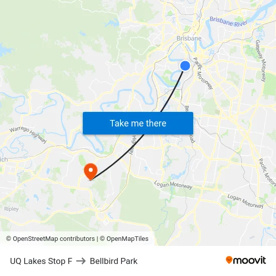 UQ Lakes Stop F to Bellbird Park map