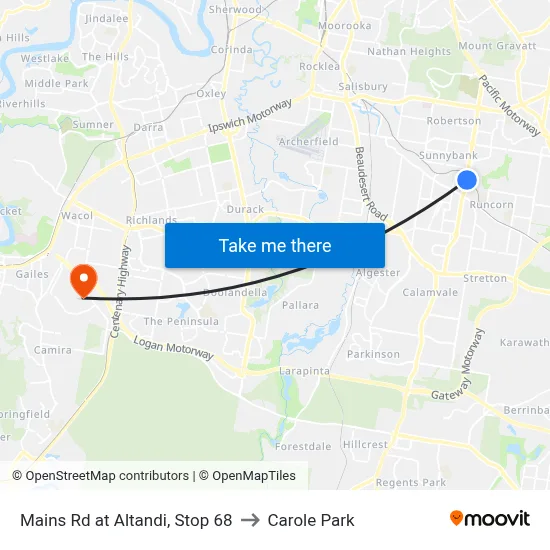 Mains Rd at Altandi, Stop 68 to Carole Park map