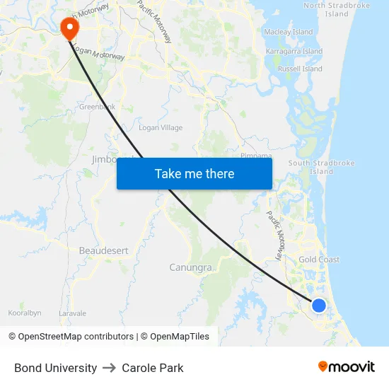 Bond University to Carole Park map