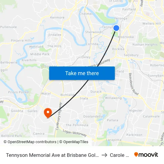 Tennyson Memorial Ave at Brisbane Golf, Stop 36 to Carole Park map
