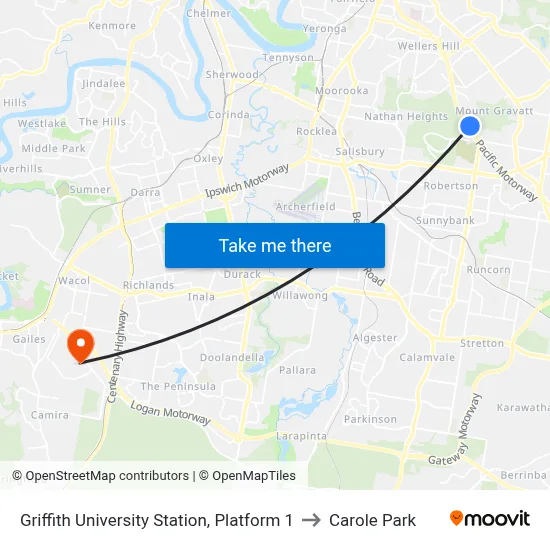 Griffith University Station, Platform 1 to Carole Park map