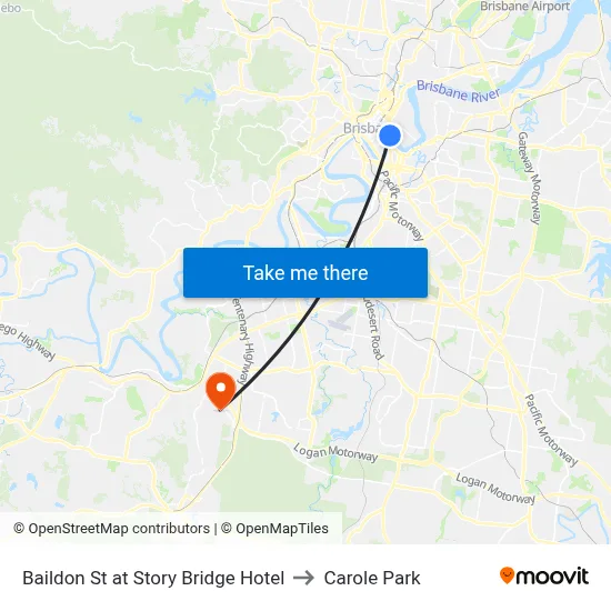 Baildon St at Story Bridge Hotel to Carole Park map