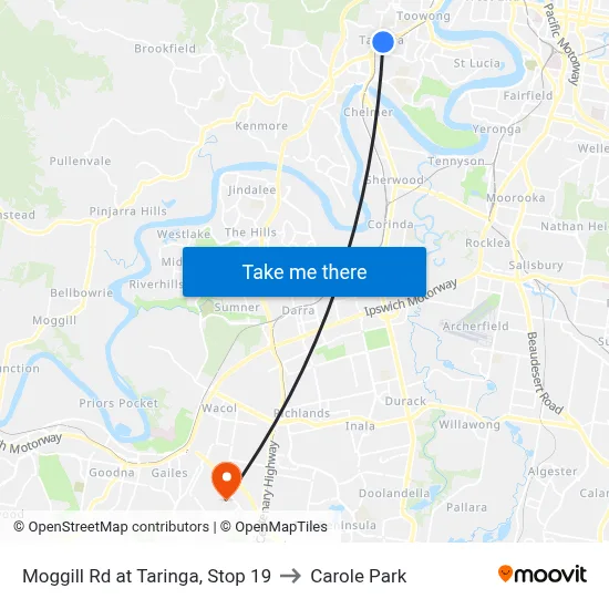 Moggill Rd at Taringa, Stop 19 to Carole Park map