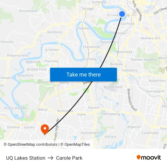 UQ Lakes Station to Carole Park map
