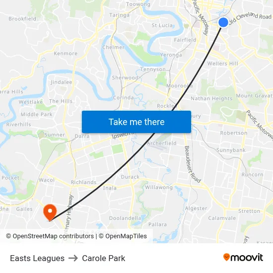 Easts Leagues to Carole Park map