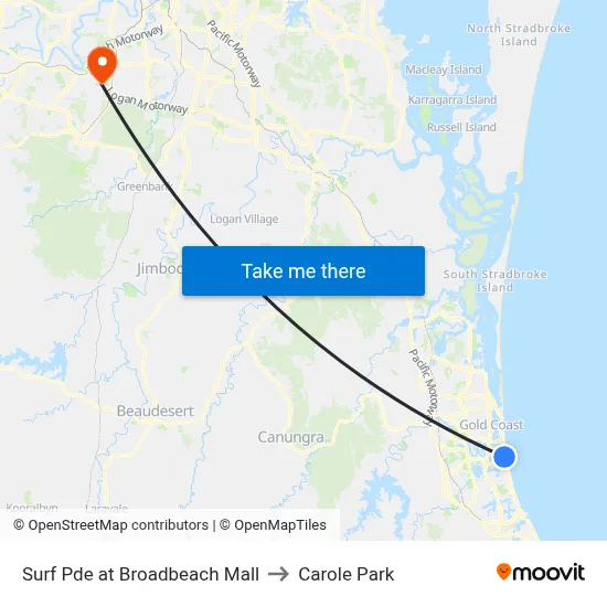 Surf Pde at Broadbeach Mall to Carole Park map