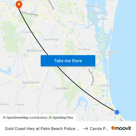 Gold Coast Hwy at Palm Beach Police Station to Carole Park map
