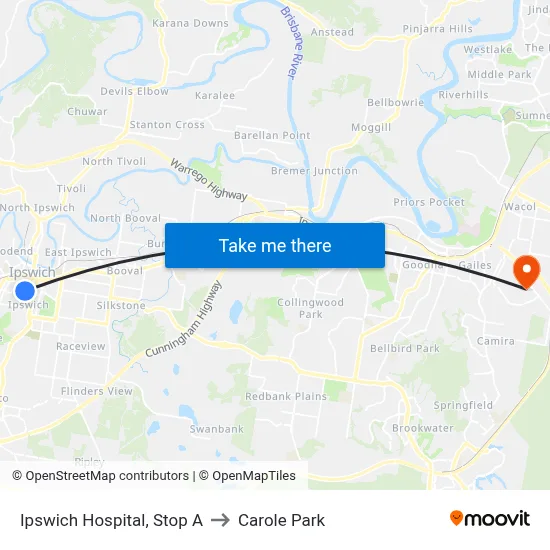 Ipswich Hospital, Stop A to Carole Park map