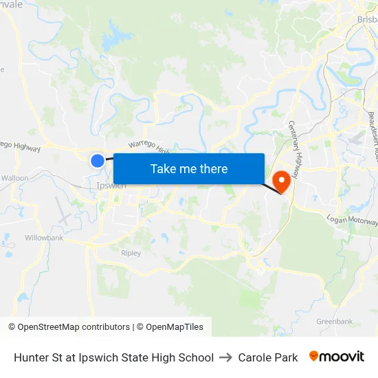 Hunter St at Ipswich State High School to Carole Park map