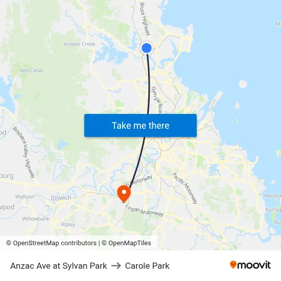 Anzac Ave at Sylvan Park to Carole Park map