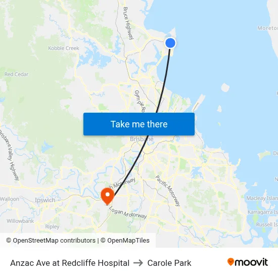 Anzac Ave at Redcliffe Hospital to Carole Park map