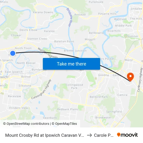 Mount Crosby Rd at Ipswich Caravan Village to Carole Park map