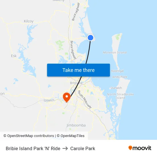Bribie Island Park 'N' Ride to Carole Park map