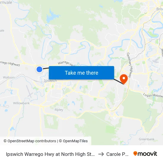 Ipswich Warrego Hwy at North High Street to Carole Park map