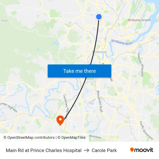 Main Rd at Prince Charles Hospital to Carole Park map