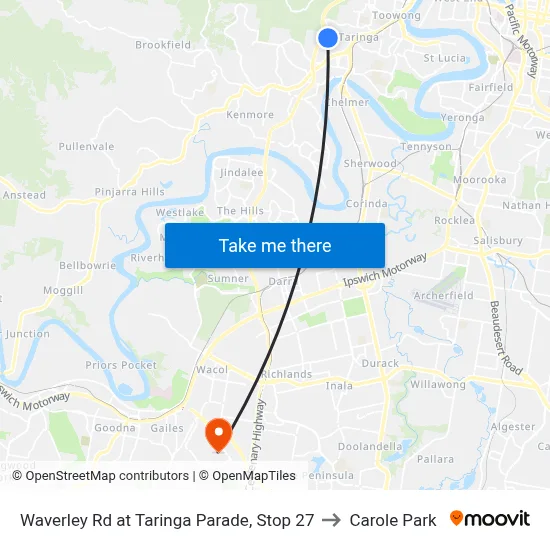Waverley Rd at Taringa Parade, Stop 27 to Carole Park map