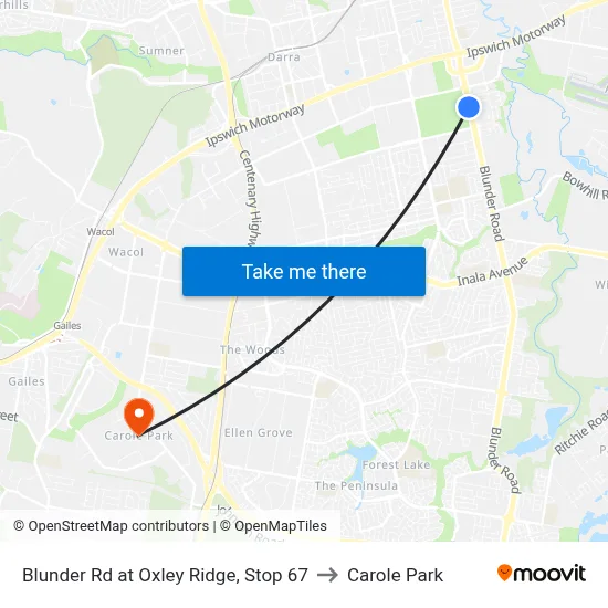 Blunder Rd at Oxley Ridge, Stop 67 to Carole Park map
