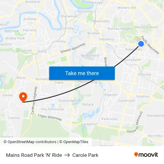 Mains Road Park 'N' Ride to Carole Park map