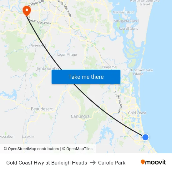 Gold Coast Hwy at Burleigh Heads to Carole Park map