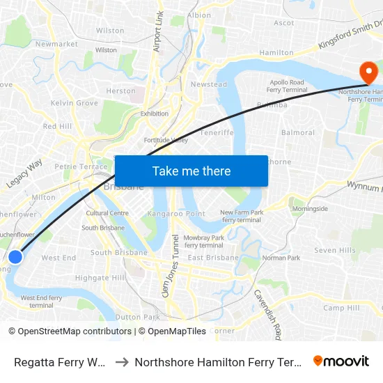 Regatta Ferry Wharf to Northshore Hamilton Ferry Terminal map