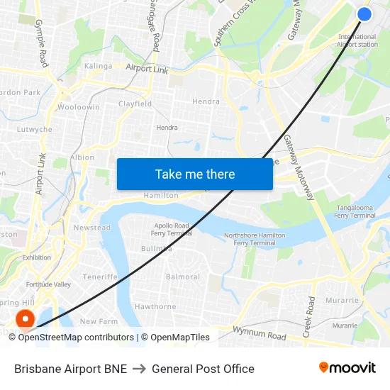 Brisbane Airport BNE to General Post Office map