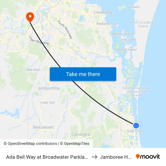 Ada Bell Way at Broadwater Parklands Station to Jamboree Heights map