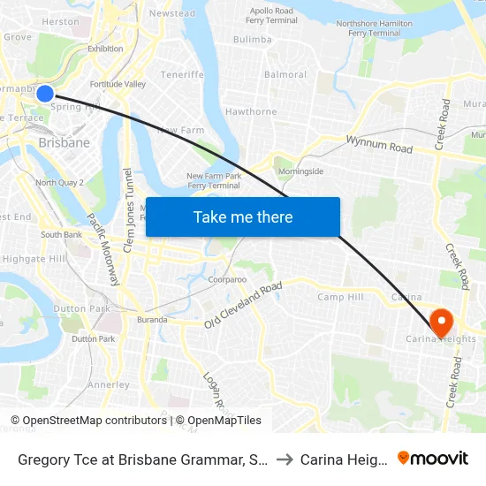 Gregory Tce at Brisbane Grammar, Stop 4 to Carina Heights map