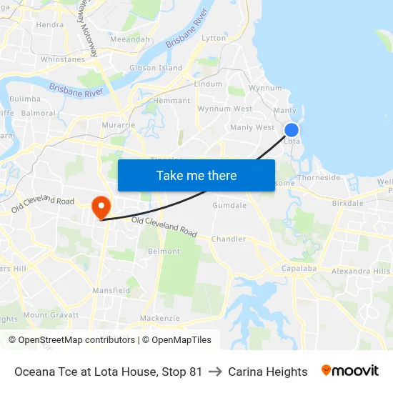 Oceana Tce at Lota House, Stop 81 to Carina Heights map