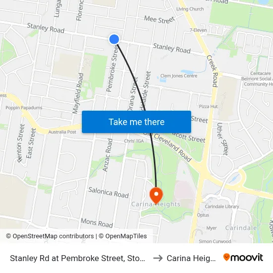 Stanley Rd at Pembroke Street, Stop 42 to Carina Heights map