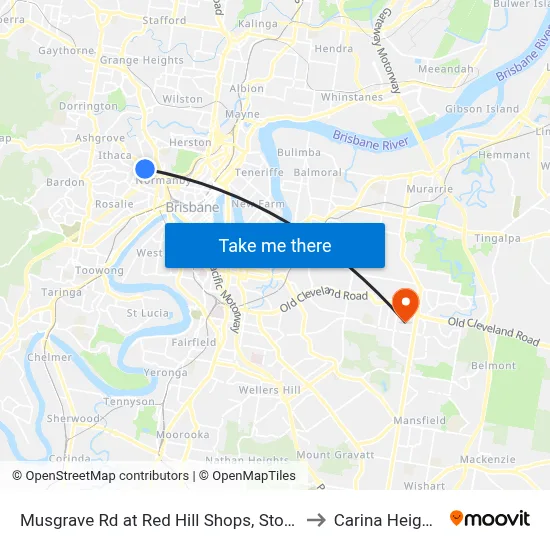 Musgrave Rd at Red Hill Shops, Stop 8 to Carina Heights map